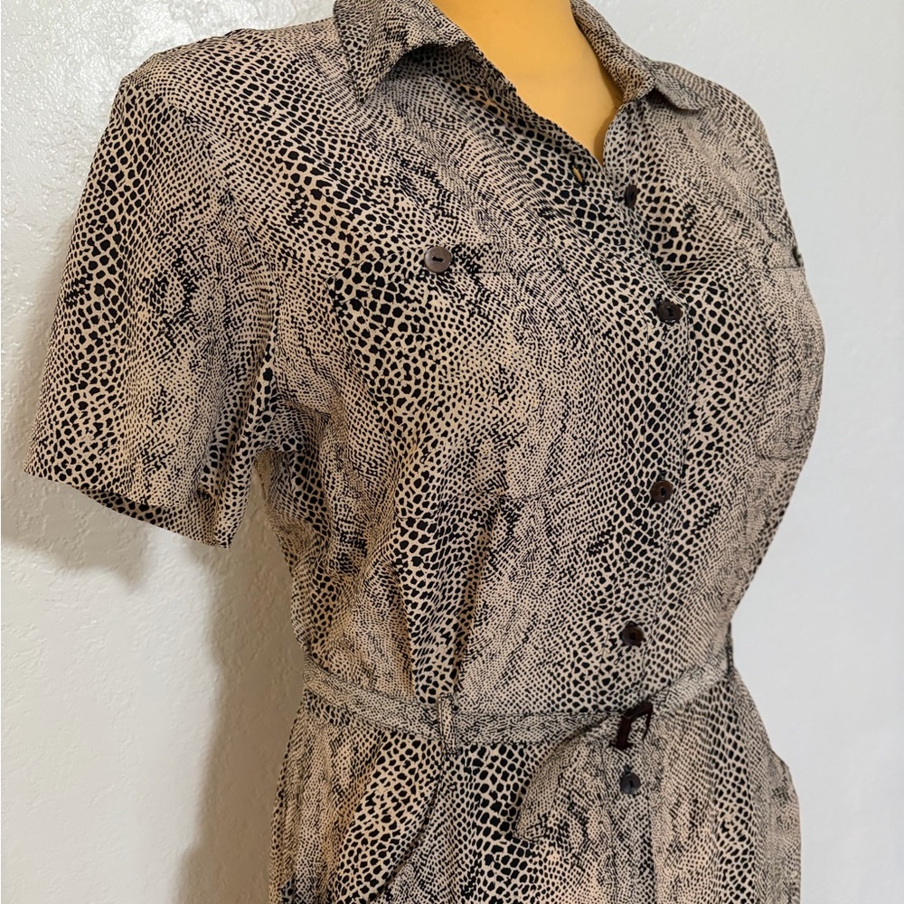 Vintage 100% Silk Snake-Print Button Down Shirt Dress Robbie Bee 90s